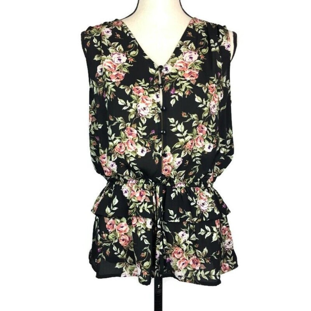 Pleione Floral Button Front Peplum Blouse Womens S Sleeveless Ruffle Waist Tie